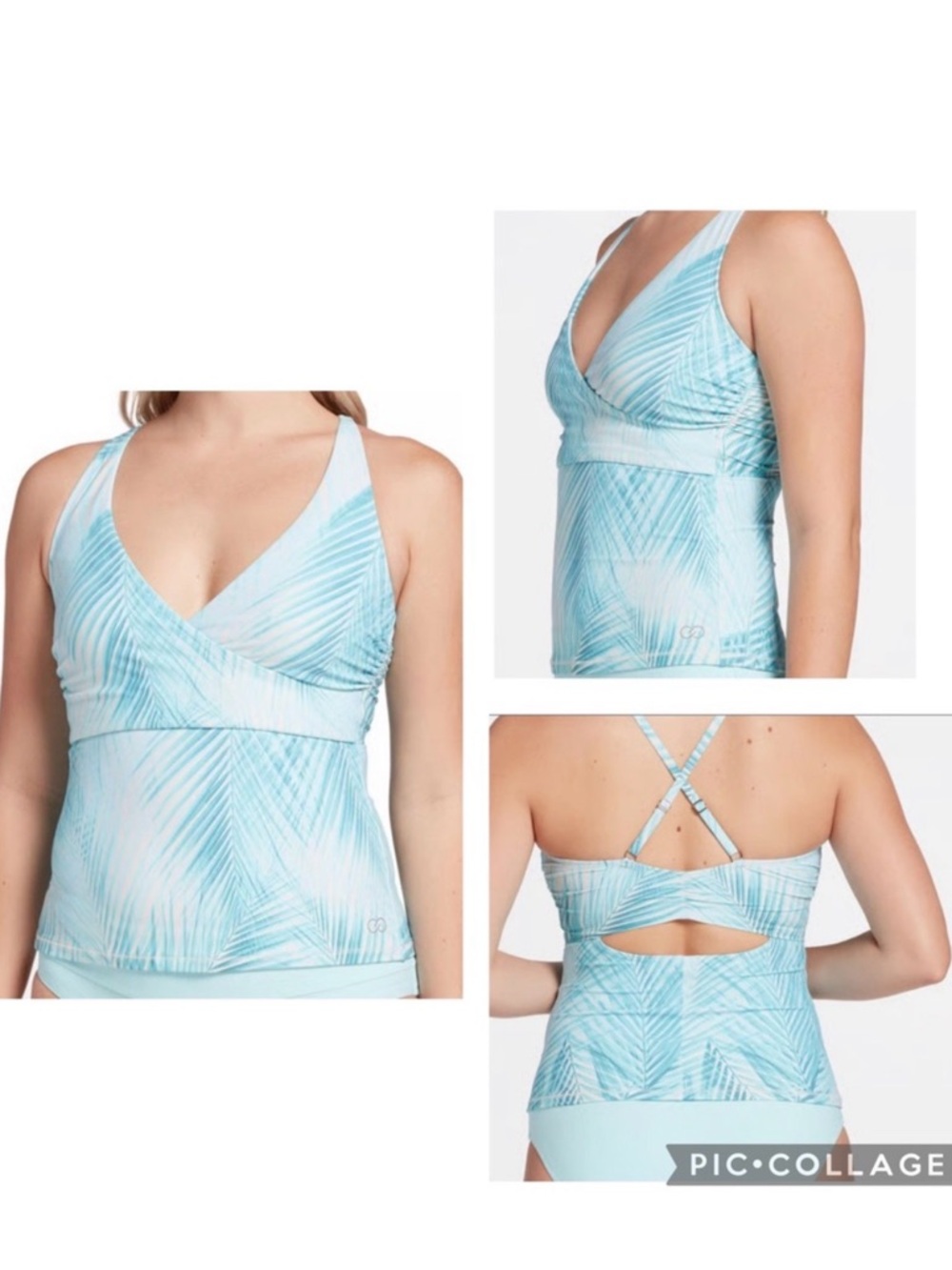 🆕 CALIA Wrap Front Tankini Soft Palms Blue 1X Tummy Control NEW with Tags
